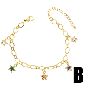 Gold chain bracelet featuring colorful rhinestone star charms and adjustable lobster clasp