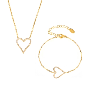 Polished gold heart jewelry set with necklace and bracelet featuring CNC micro zircon