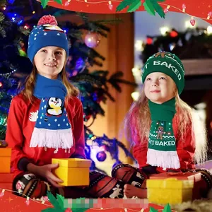 Detail of LED knit hat and scarf set with glowing lights and Christmas festive patterns