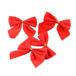 Set of four red flocked velvet Christmas bows with gold ties for tree decor