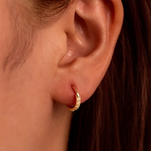 Classic gold stainless steel hoop earring with cubic zirconia inlay on female model