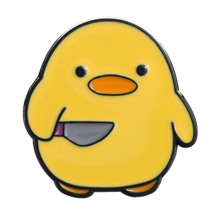Funny cartoon duck enamel pin with tiny knife accessory on clean white background