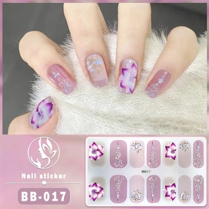 Detail showing 5D lilac floral nail stickers with gold stars and gradient glitter texture