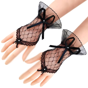 Short black lace gloves with mesh bow and rhinestone for Halloween Lolita outfits