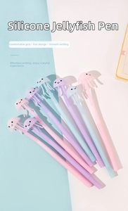 Close-up of silicone jellyfish pens in macaron pink, purple, and blue colors