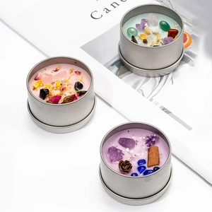 Scented soy candles in tin cans with natural crystals and dried flowers, 3-color set
