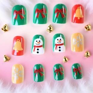 Christmas snowman press-on nails set with festive bows and snowflakes in medium long square