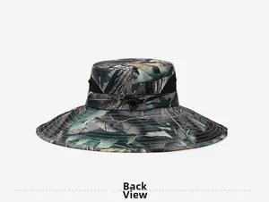 Rear view of camouflage fishing hat with breathable mesh and adjustable drawstring