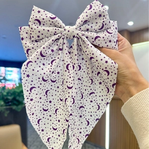 Large crescent star print bow hair clip in purple and white for women party hairstyles