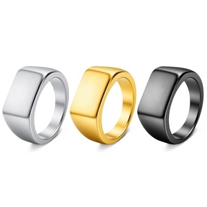 Flat top titanium steel signet rings for men in silver, gold, and black matte finishes