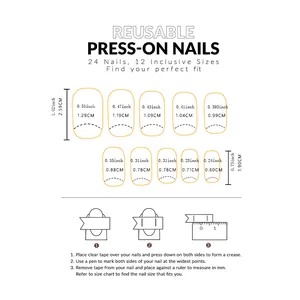 Sizing guide for press-on nails showing measurements in inches and millimeters for fit