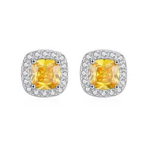 Classic square yellow gemstone stud earrings with s925 silver and diamond halo
