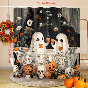 Detail showing a 70.8-inch waterproof Halloween shower curtain with ghosts and pumpkins