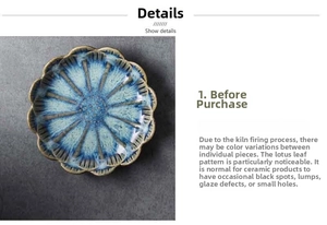 Close-up of vintage blue lotus ceramic petal dish with reactive glaze and bronze edges