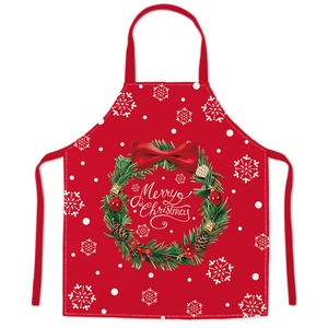 Red Christmas apron with Merry Christmas wreath and white snowflakes patterns