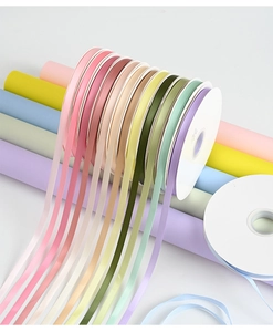 Macro shot of 1cm satin ribbons in various colors for cake baking and floral decoration
