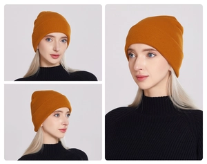 Three-angle views showing the ginger knit beanie with ribbed texture and folded cuff