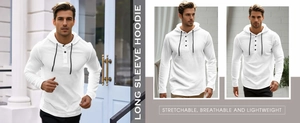 Detail of white linen hooded shirt featuring a three-button henley neck and breathable fabric