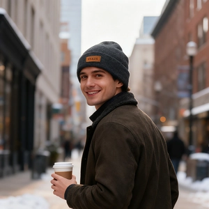 Winter dark grey knitted beanie with brown leather logo patch on a male model in city