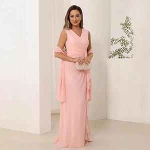 Elegant pink V-neck sleeveless chiffon evening gown with draped waist and matching shawl