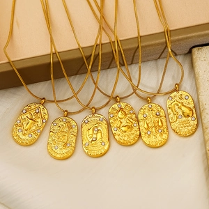 Retro stainless steel oval zodiac coin necklace with gold plating and zircon inlay