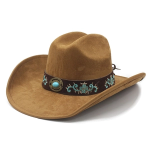 Chapeau De Cowboy Western Daim Large Bord Broderie Ethnique Pierre Turquoise Retro Jazz Fedora Ajustable