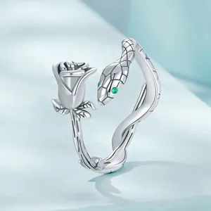 Exquisite S925 sterling silver snake and rose open ring with green gemstone eyes