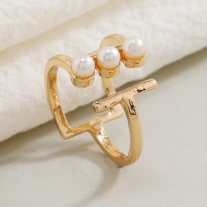 Geometric Artificial Pearl Open Ring Alloy KC Gold Plated Minimalist French Vintage Adjustable Jewelry For Women