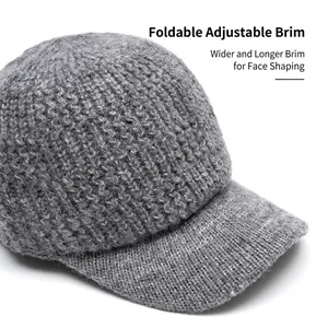 Grey wool blend knit baseball cap with foldable wide brim for winter facial contouring
