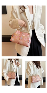 Pink embroidered qipao handbag with floral patterns, pearl chain, and vintage tassel detail