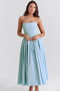 Detail of light blue strapless dress with corset bodice and pleated A-line skirt