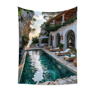 Detail of luxury tapestry showing a Mediterranean resort pool and white architecture