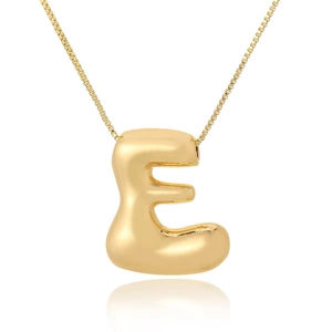Polished gold bubble letter E pendant necklace with delicate chain on white background