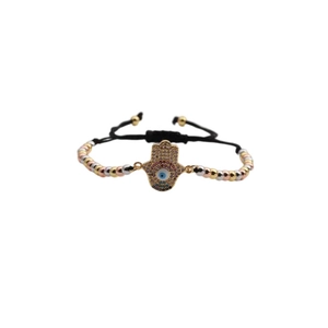 Adjustable Hamsa Hand bead bracelet with evil eye charm in gold silver and rose gold