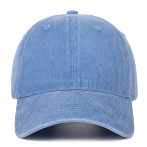 Front view of light blue washed cotton baseball cap with vintage finish and eyelets