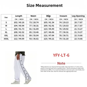 Detailed size chart for hip hop sweatpants showing measurements in centimeters and inches