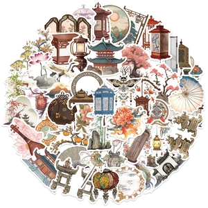 Artistic collection of Chinese vintage stickers featuring lanterns and bamboo motifs