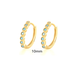 Detail shot of golden S925 sterling silver hoop earrings with blue stones and 10mm size mark