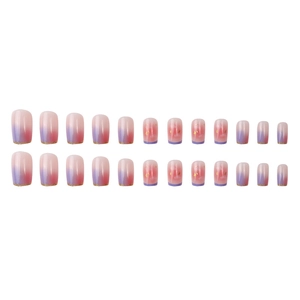 Pink and purple gradient press-on nails set with gold foil accents on white background
