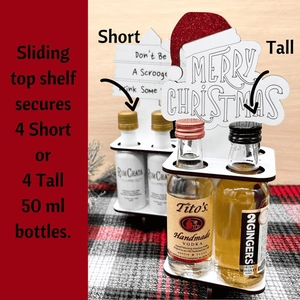 Mini wooden Christmas liquor bottle holder for four 50ml bottles with sliding lid feature