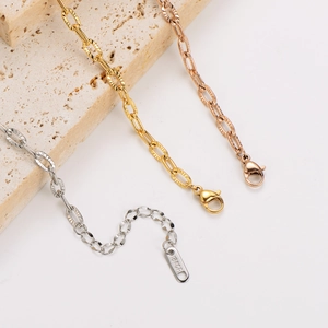 Minimalist 18KGP embossed metal chain bracelets in gold, silver, and rose gold finishes