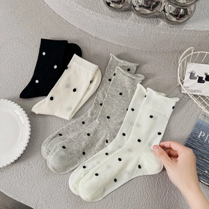Detailed close-up of white polka dot cotton socks showing breathable knitted texture