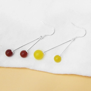 S925 sterling silver drop earrings with long metal hooks and red or yellow beads
