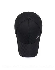 Top view of a black baseball cap for men featuring a subtle checkered texture and metal plate