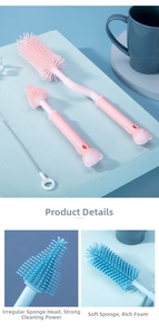 Detailed 3-piece silicone baby bottle brush set with pink and blue ergonomic handles