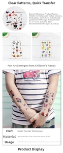 Detailed view of kids waterproof Halloween tattoo stickers featuring pumpkins and black cats