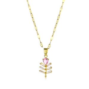 Golden titanium necklace featuring a pink teardrop gem and white rectangular stone pendant