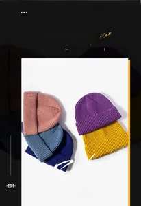 Close-up view of various colorful ribbed knit beanies for autumn and winter outdoor warmth
