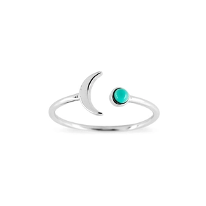 Detailed shot of S925 silver ring featuring a polished crescent moon and turquoise stone
