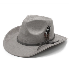 Detail of grey suede cowboy hat with feather accent and thin leather band decoration
